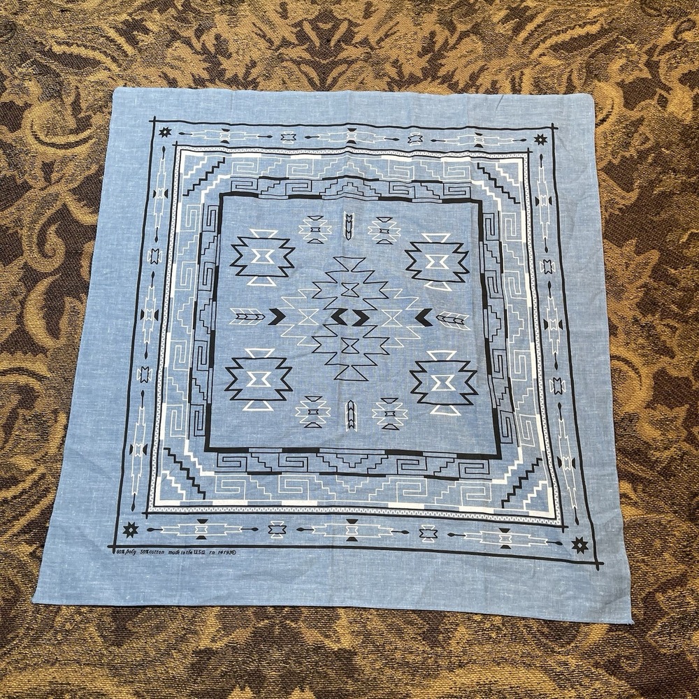 vintage 80s western-themed print fabric bandanna Blue Geometric - Picture 1 of 4
